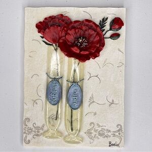 Vtg Poppy Flowers 3D Boem Tile White In Clear Vases Decorative Wall Plaque Resin